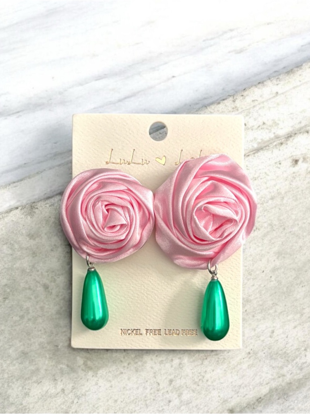 Pink Rosette Drop Earrings with Green Teardrops